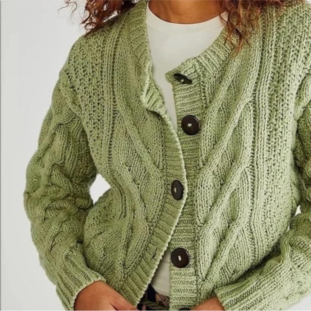Free People Olive Green Cable Knit Button Cardigan